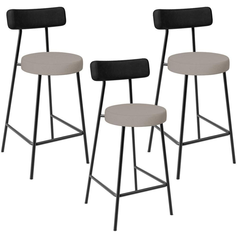 Kit 03 Banquetas Baixa Bar Cozinha Sala Jantar Milão L02 Couríssimo Preto Linho Bege