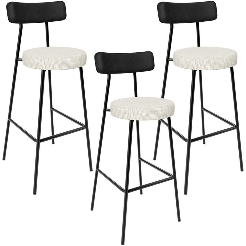 Kit 03 Banquetas Alta Cozinha Sala Jantar Milão L02 Couríssimo Preto Linho Champagne