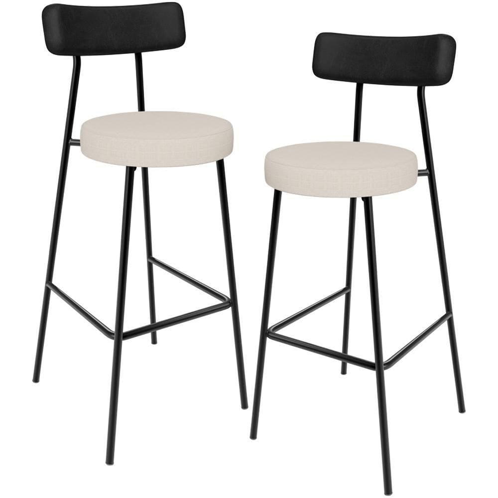 Kit 02 Banquetas Alta Bar Cozinha Sala De Jantar Milão L02 Couríssimo Preto Linho Cru