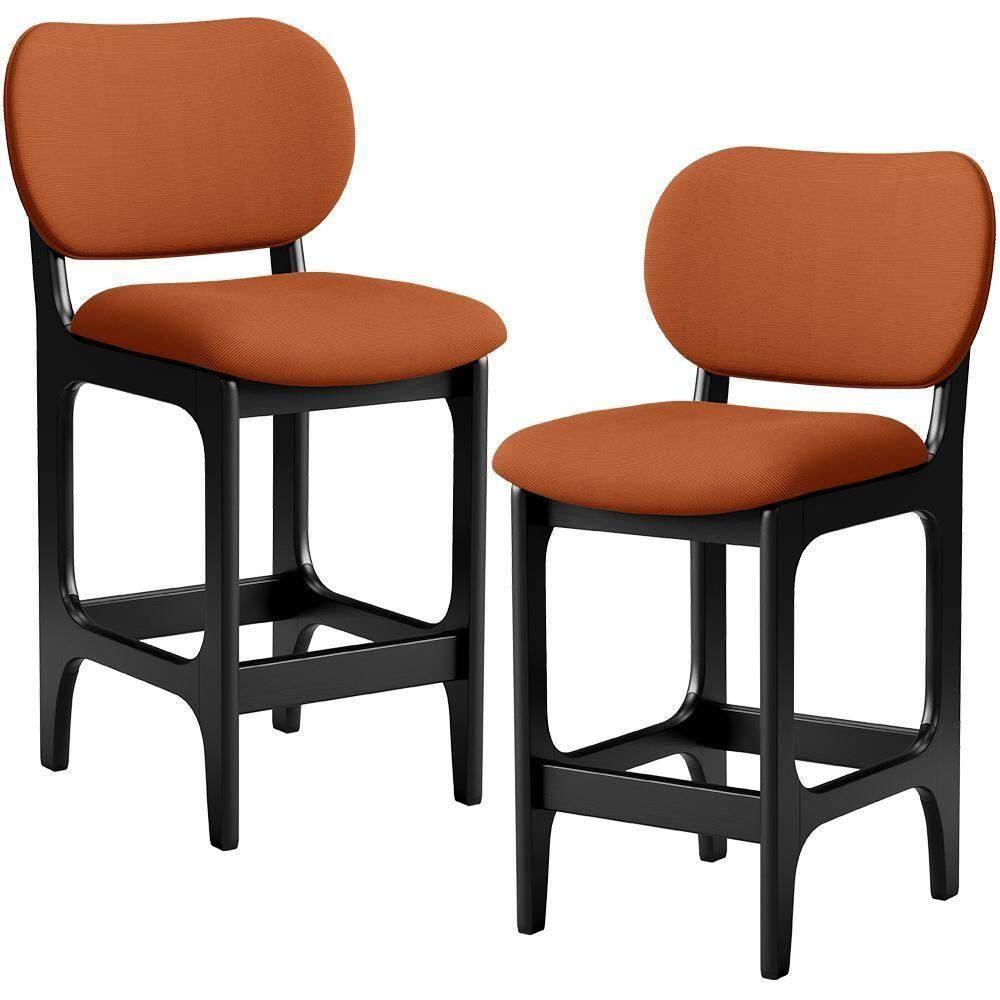 Kit 02 Banquetas Baixa Bar Cozinha E Sala De Jantar Fixa Betta Preto Tecido Terracota