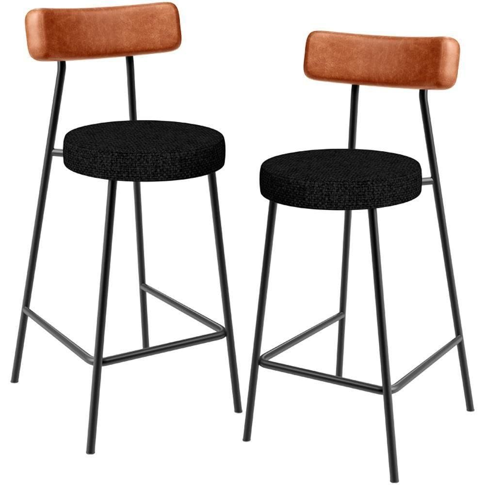 Kit 02 Banquetas Baixa Cozinha Sala Jantar Bancada Milão L02 Couríssimo Camel Linho Chumbo