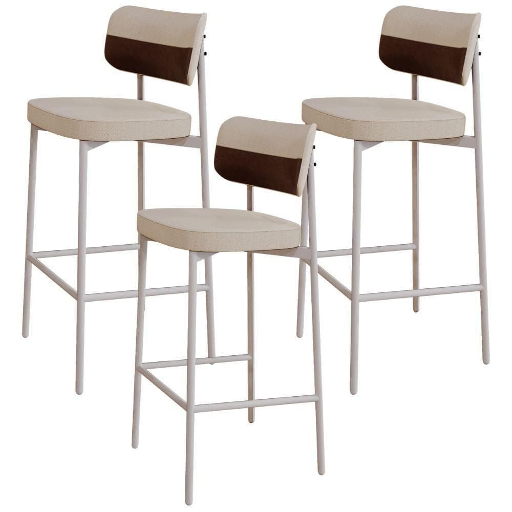 Kit 03 Banquetas Alta Bar Cozinha Sala De Jantar Aço Branco Kaira C01 Linho Areia Courino Whisky - Lyam Decor