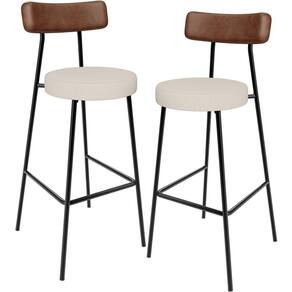 Kit 02 Banquetas Alta Cozinha Bar Sala De Jantar Milão L02 Couríssimo Marrom Linho Cru