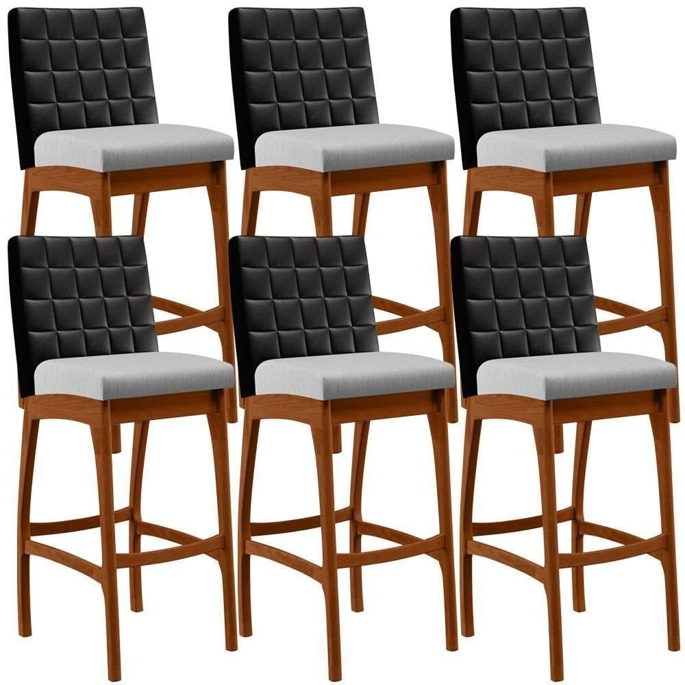Kit 06 Banquetas Altas Mila Preto Linho Cinza