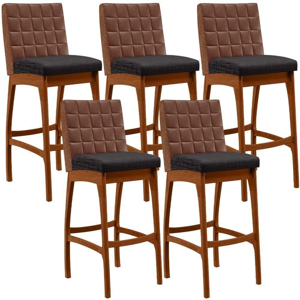 Kit 05 Banquetas Altas Mila Marrom Linho Chumbo