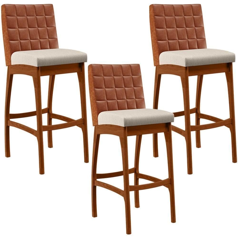 Kit 03 Banquetas Altas Mila Camel Linho Cru