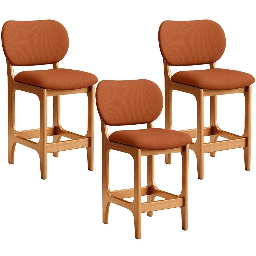 Kit 03 Banquetas Baixa Bar Cozinha E Sala De Jantar Fixa Betta L02 Imbuia Tecido Terracota