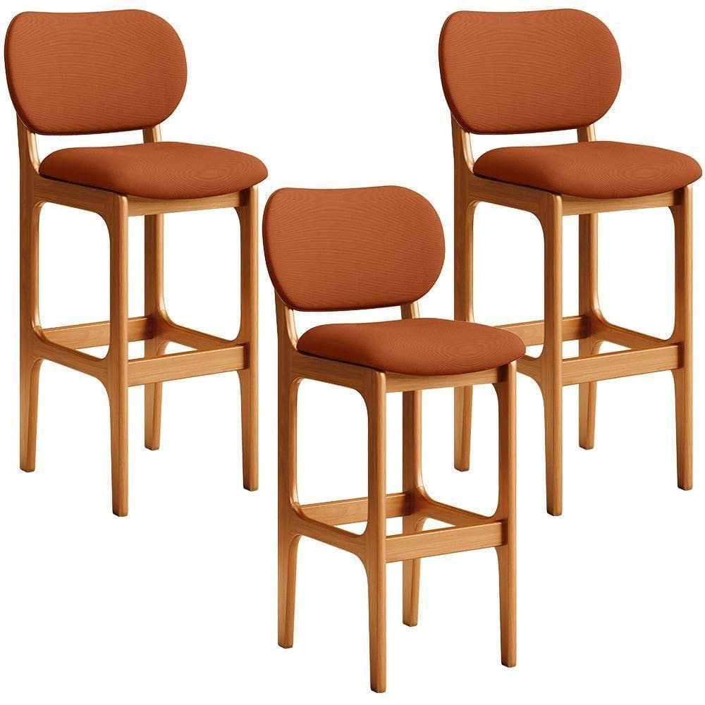 Kit 03 Banquetas Alta Bar Cozinha Sala Jantar Fixa Betta L02 Imbuia Tecido Terracota
