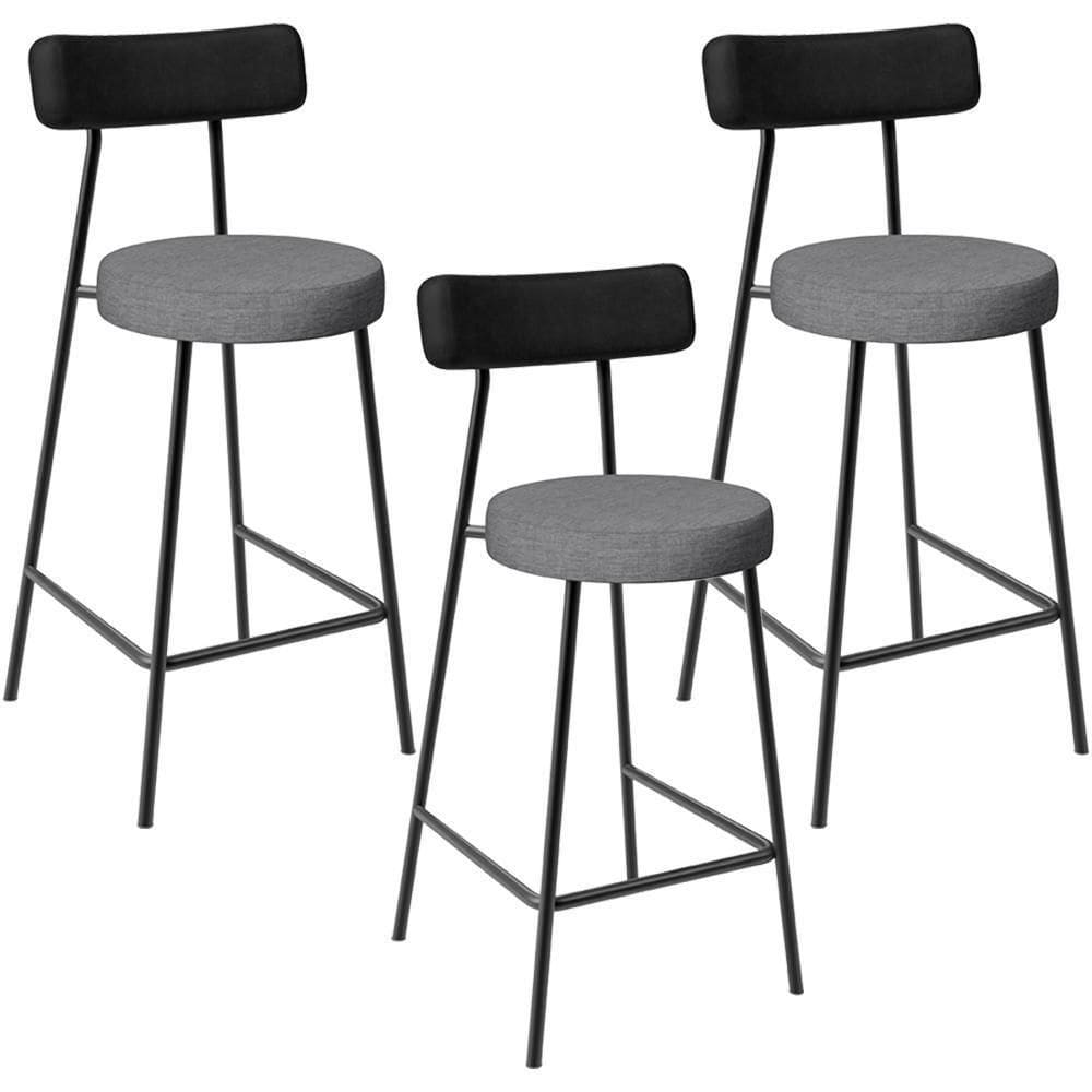 Kit 03 Banquetas Baixa Cozinha Jantar Milão L02 Couríssimo Preto Linho Cinza Escuro