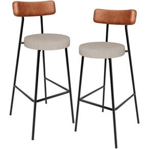 Kit 02 Banquetas Alta Cozinha Bar Sala De Jantar Milão L02 Couríssimo Camel Linho Bege