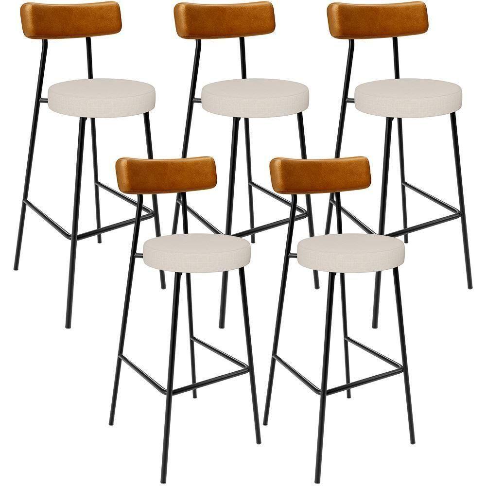 Kit 05 Banquetas Alta Cozinha Sala Jantar Aço Milão L02 Couríssimo Whisky Linho Cru - Lyam Decor