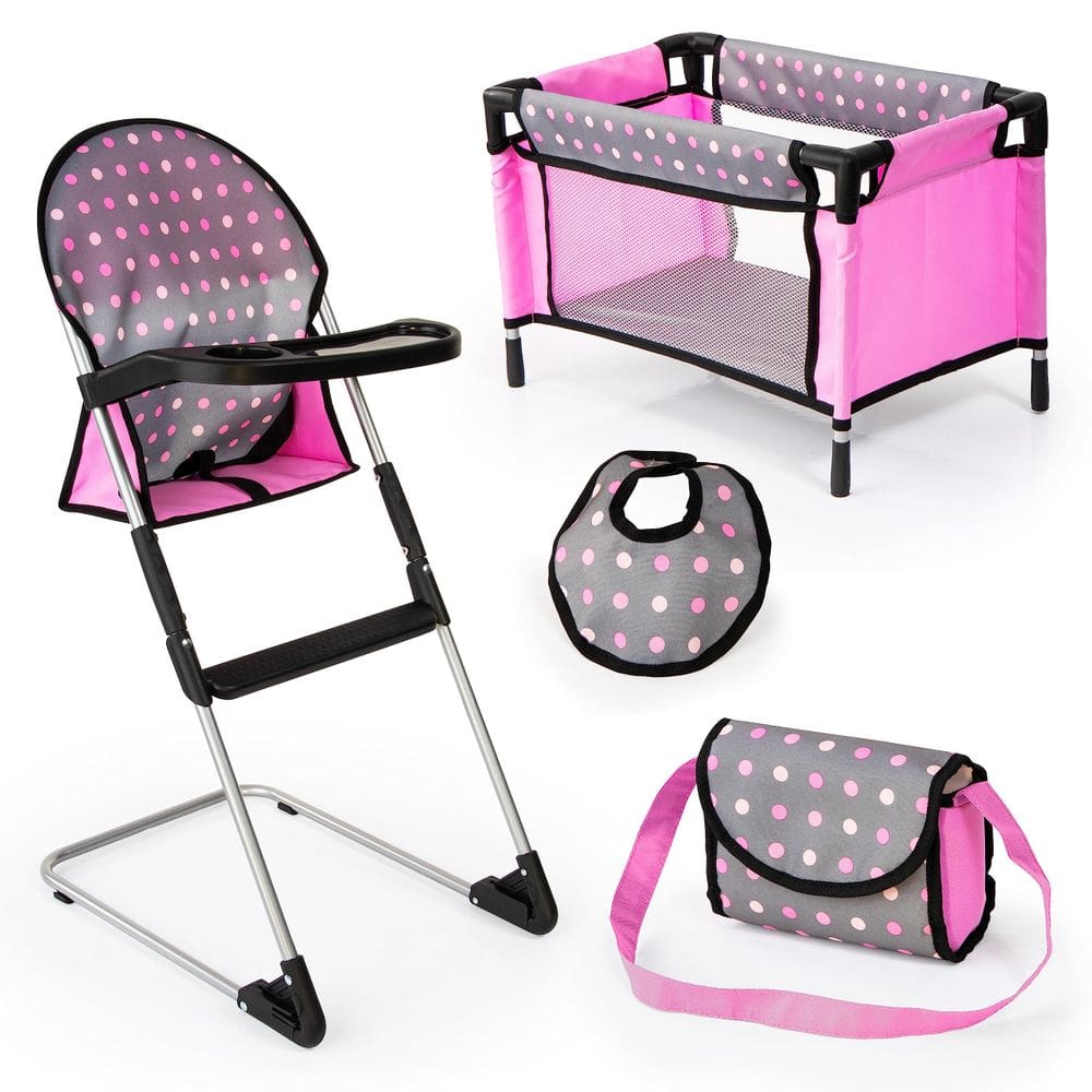 Conjunto de cadeira alta/berço para bonecas Bayer Grey/Pink para bonecas de até 18"