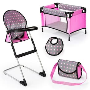 Conjunto de cadeira alta/berço para bonecas Bayer Grey/Pink para bonecas de até 18"
