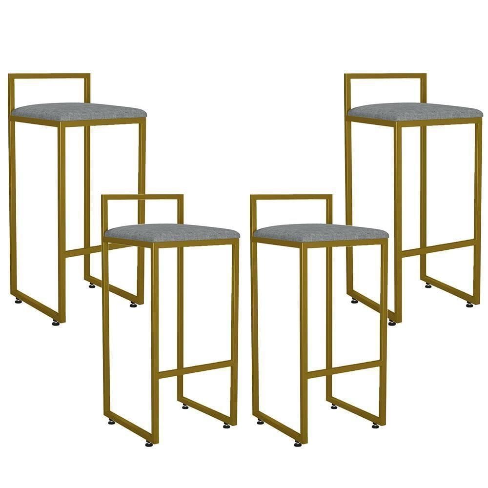 Kit 04 Banquetas Alta Hanna Dourado Linho Cinza Escuro