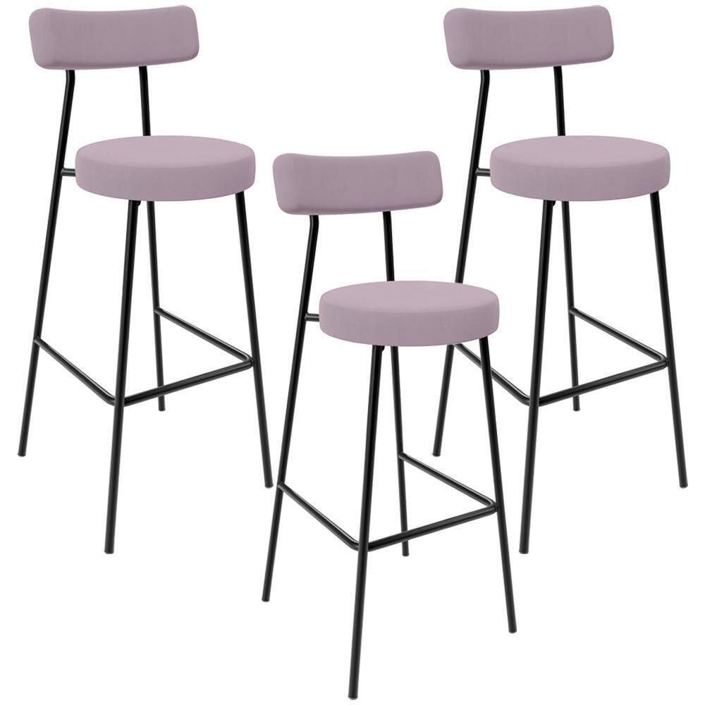 Kit 03 Banquetas Altas Cozinha Bar Sala De Jantar Em Aço Milão L02 Suede Rosê