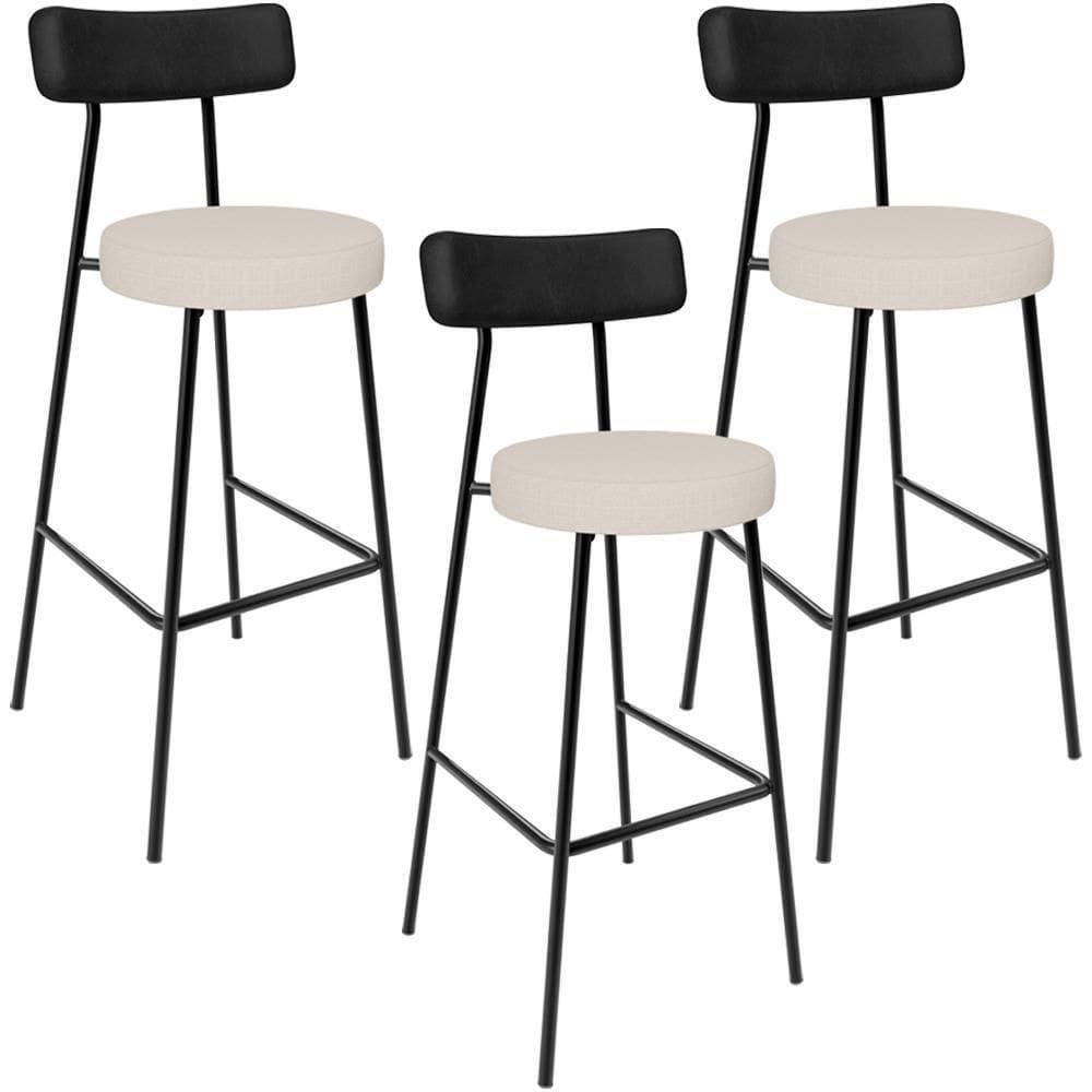 Kit 03 Banquetas Alta Bar Cozinha Sala De Jantar Milão L02 Couríssimo Preto Linho Cru