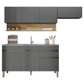 Armário De Cozinha 4 Peças Balcão Com Pia 150cm Lina18 K02 Gris/freijó - Mpozenato