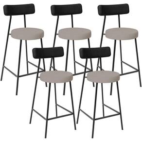 Kit 05 Banquetas Baixa Bar Cozinha Sala Jantar Milão L02 Couríssimo Preto Linho Bege -LyamDecor
