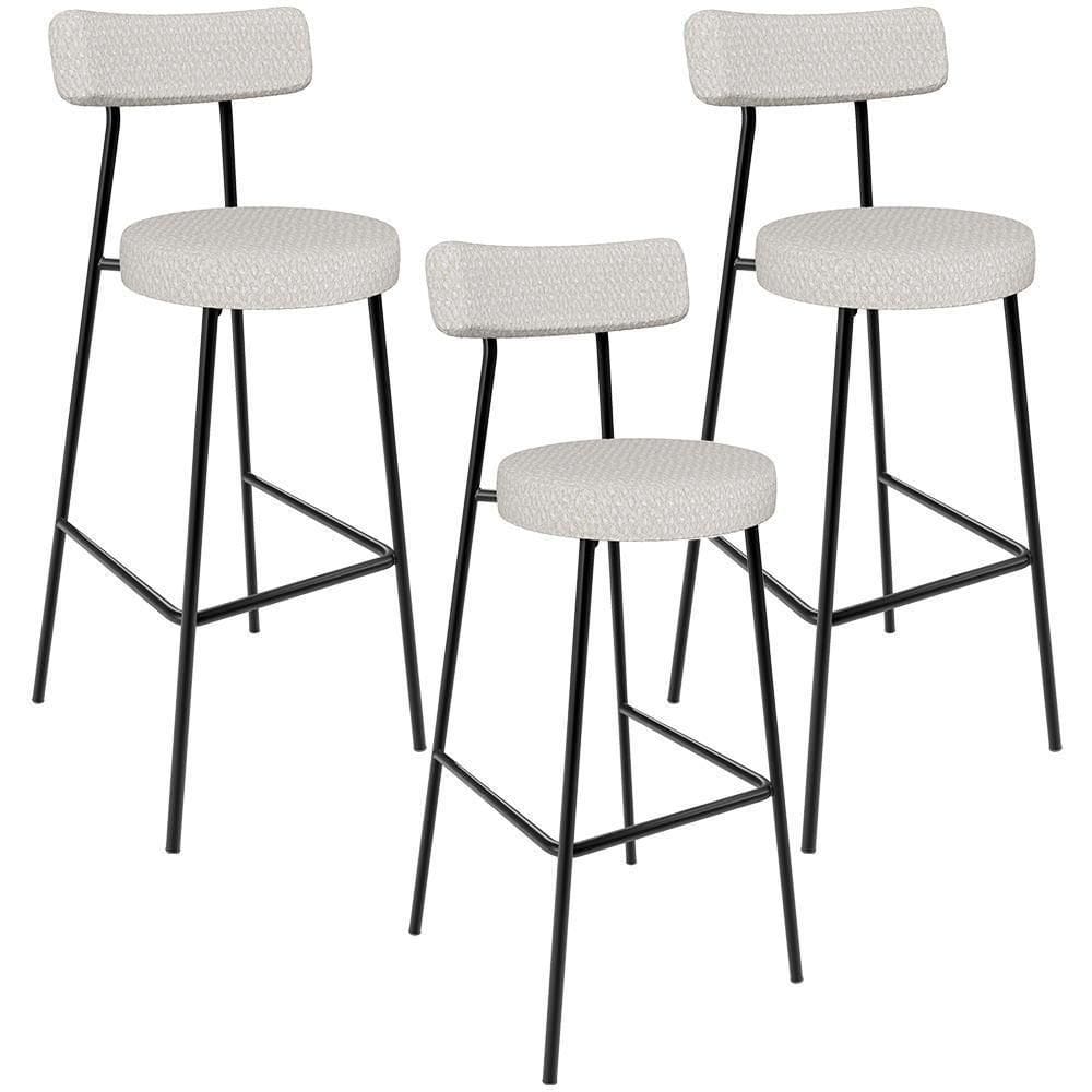 Kit 03 Banquetas Altas Cozinha Bar Sala De Jantar Em Aço Milão L02 Bouclê Cru