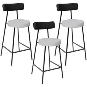 Kit 03 Banquetas Baixa Bar Cozinha Sala Jantar Milão L02 Couríssimo Preto Linho Cinza