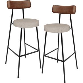 Kit 02 Banquetas Alta Cozinha Bar Sala Jantar Milão L02 Couríssimo Marrom Linho Bege