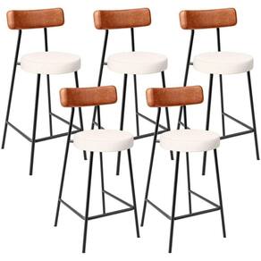Kit 05 Banquetas Baixa Cozinha Sala Jantar Milão L02 Couríssimo Camel Linho Cru -LyamDecor