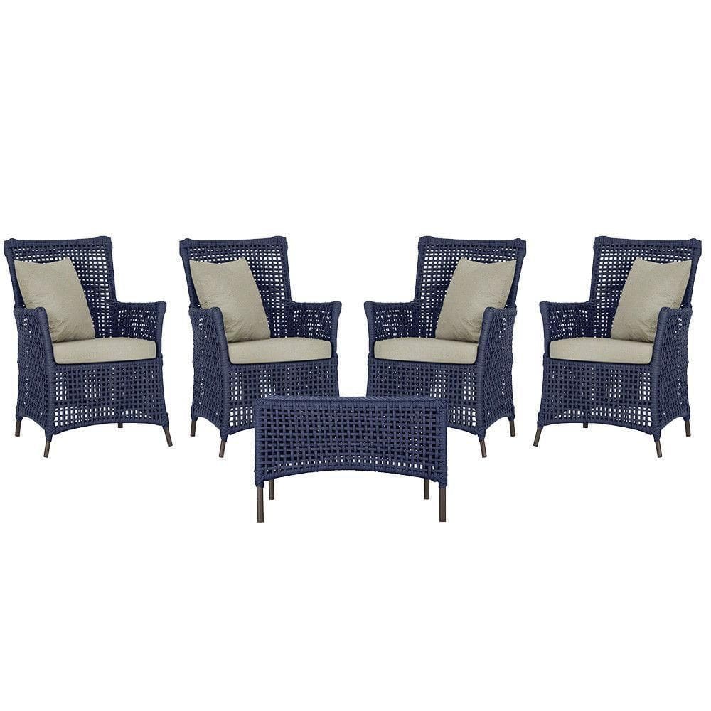 4 Poltronas E 1 Mesa Igapó Alumínio Marrom Corda Náutica E7 Azul