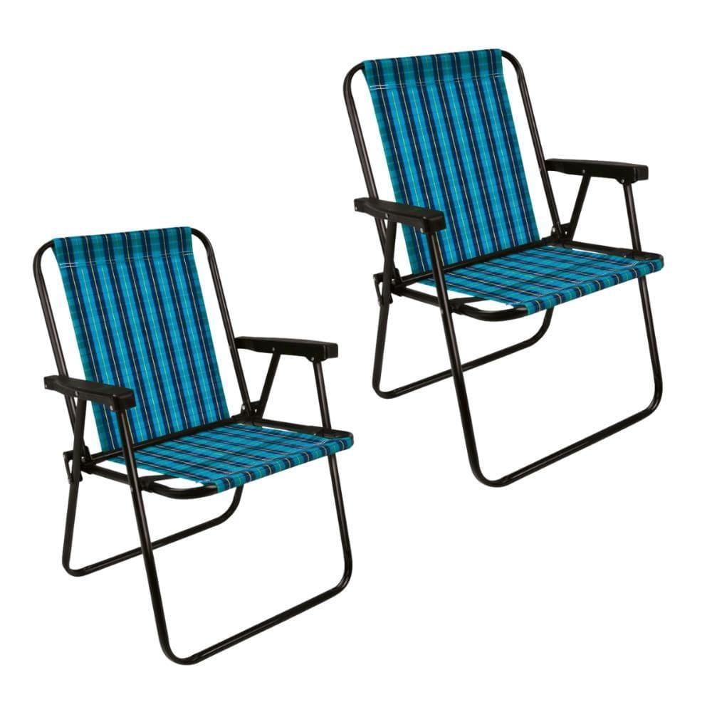 Kit 2 Cadeira de Praia Varanda Xadrez em Aço 110 kg Azul Mor