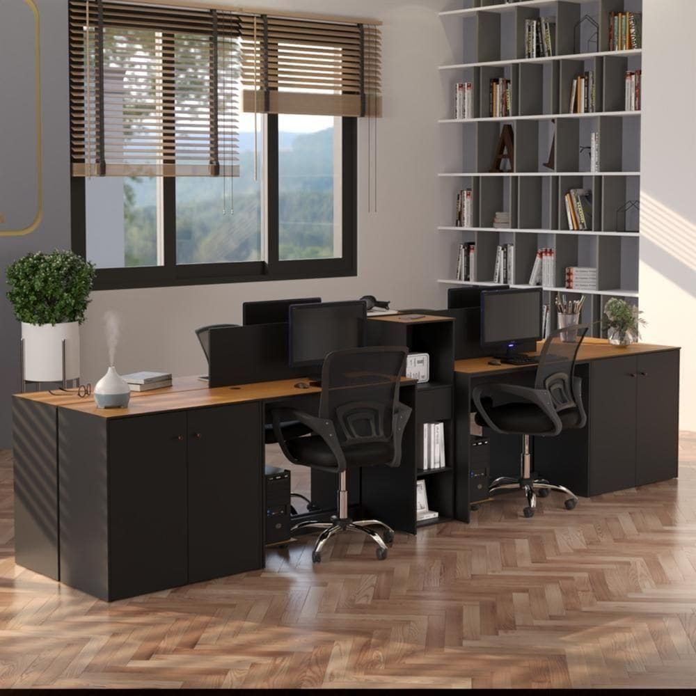 Estação De Trabalho 4 Lugares Office Smart 4 Mesas 2 Armários 4 Aparador - Preto E Cedro Preto E Cedro