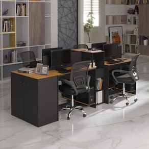 Estação De Trabalho 4 Lugares Office Smart 4 Mesas 2 Armários 1 Aparador - Preto E Cedro Preto E Cedro
