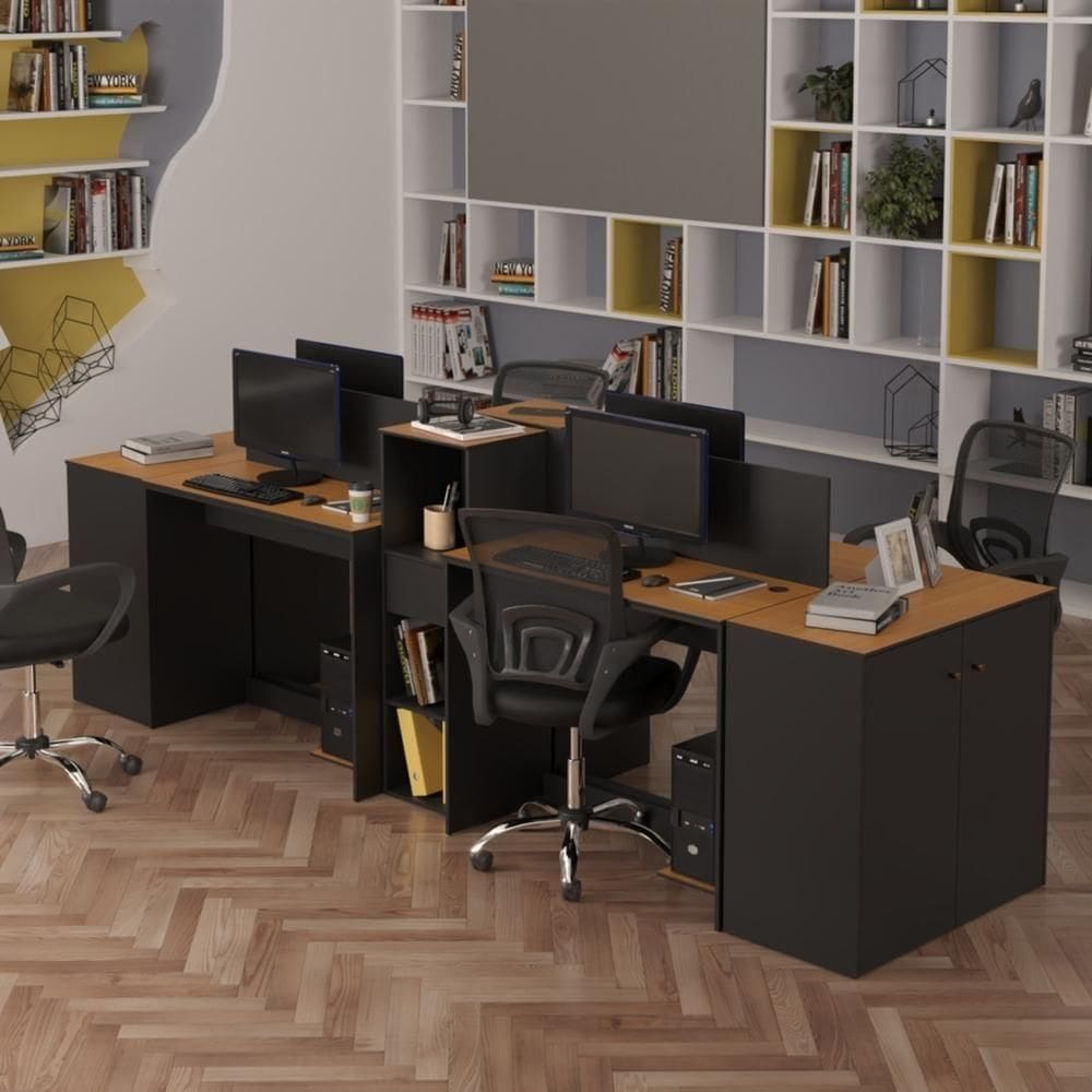 Estação De Trabalho 4 Lugares Office Smart 4 Mesas 2 Armários 2 Aparador - Preto E Cedro Preto E Cedro