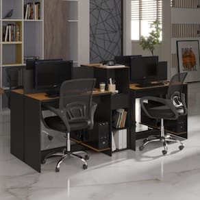 Estação De Trabalho 4 Lugares Office Smart 4 Mesas 2 Armários - Preto E Cedro Preto E Cedro