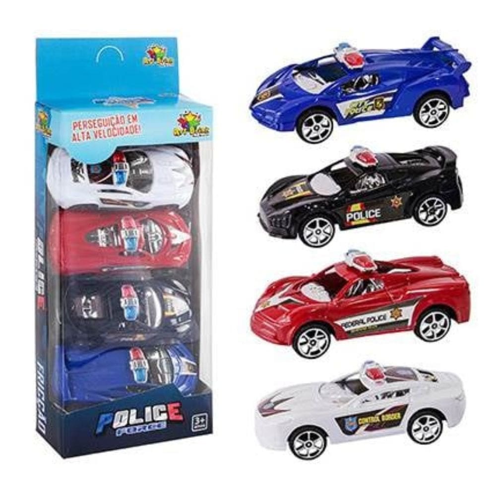 Carrinho Policia Friccao mini 4UN - Carrinhos Polícia Blister com 4 - 9,5cm - PANAMI