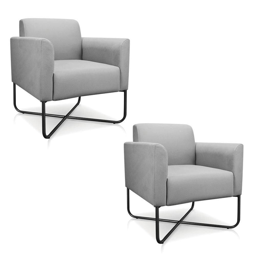 Kit 2 Poltronas Decorativas Base Industrial X Preta Maressa S10 Suede Cinza