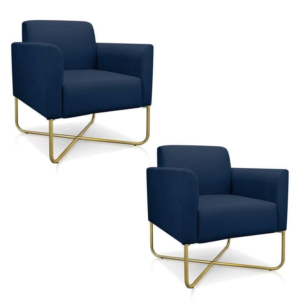 Kit 2 Poltronas Decorativas Base Industrial X Dourada Maressa S01 Suede Azul Marinho