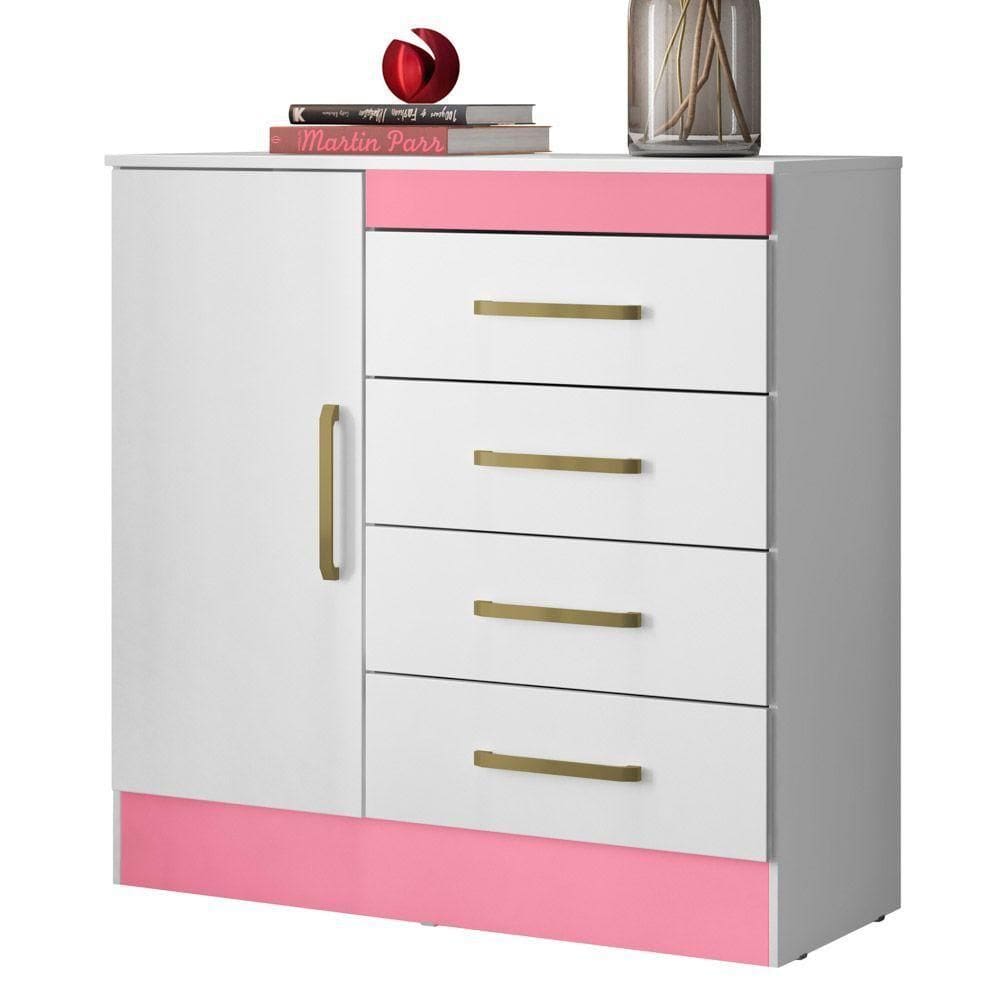 Cômoda P/ Quarto Flex 1 Porta 4Gav D02 Branco/Rosa/Branco