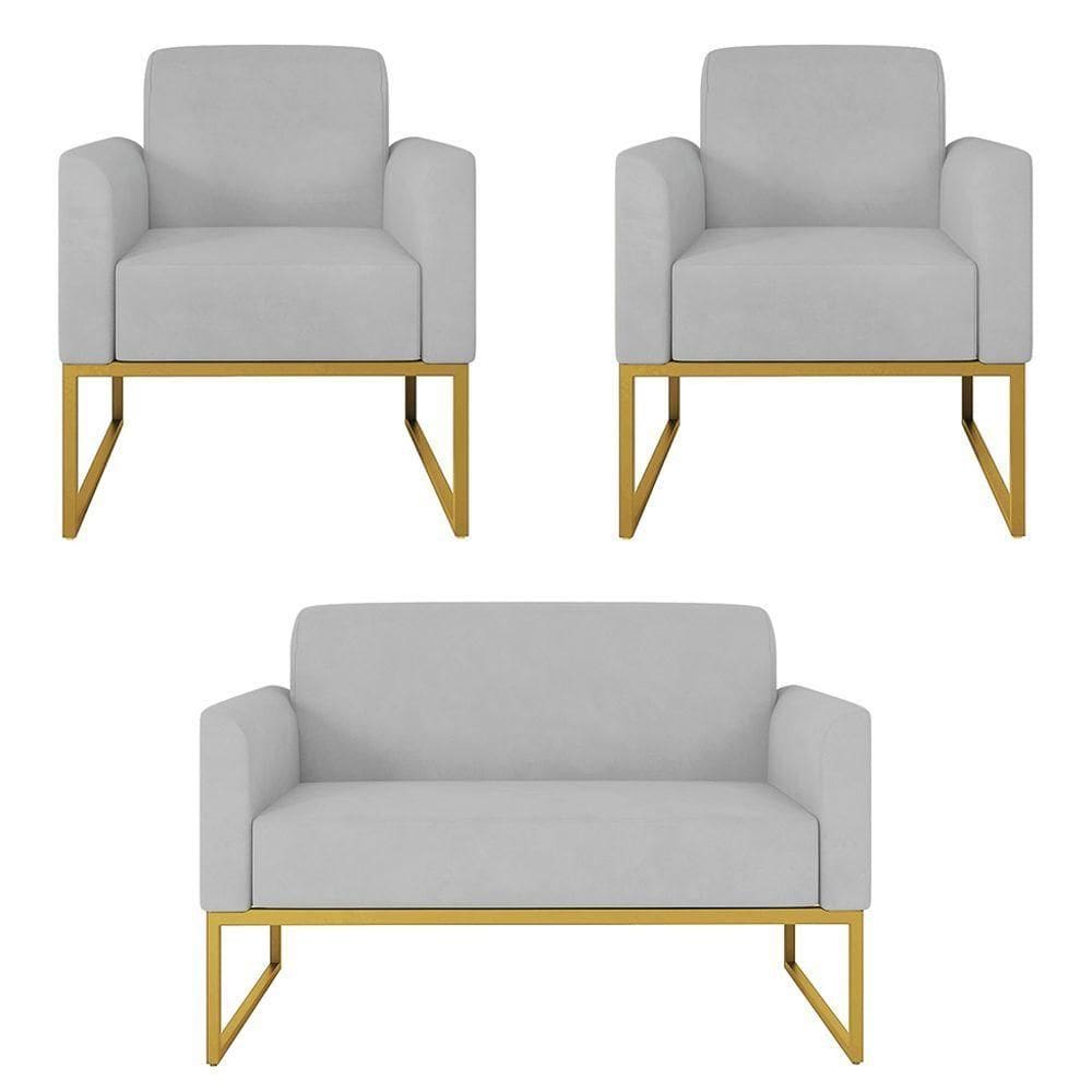 Kit Namoradeira E 2 Poltronas Dourada Suede Cinza