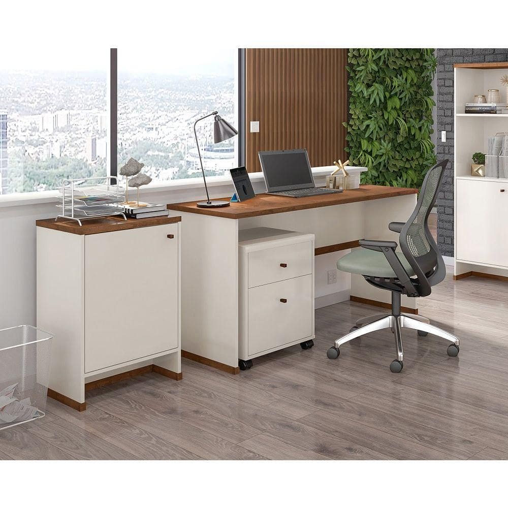Conjunto Escritório Mesa Gaveteiro Balcão Berlin Vianossa Offwhite Naturale
