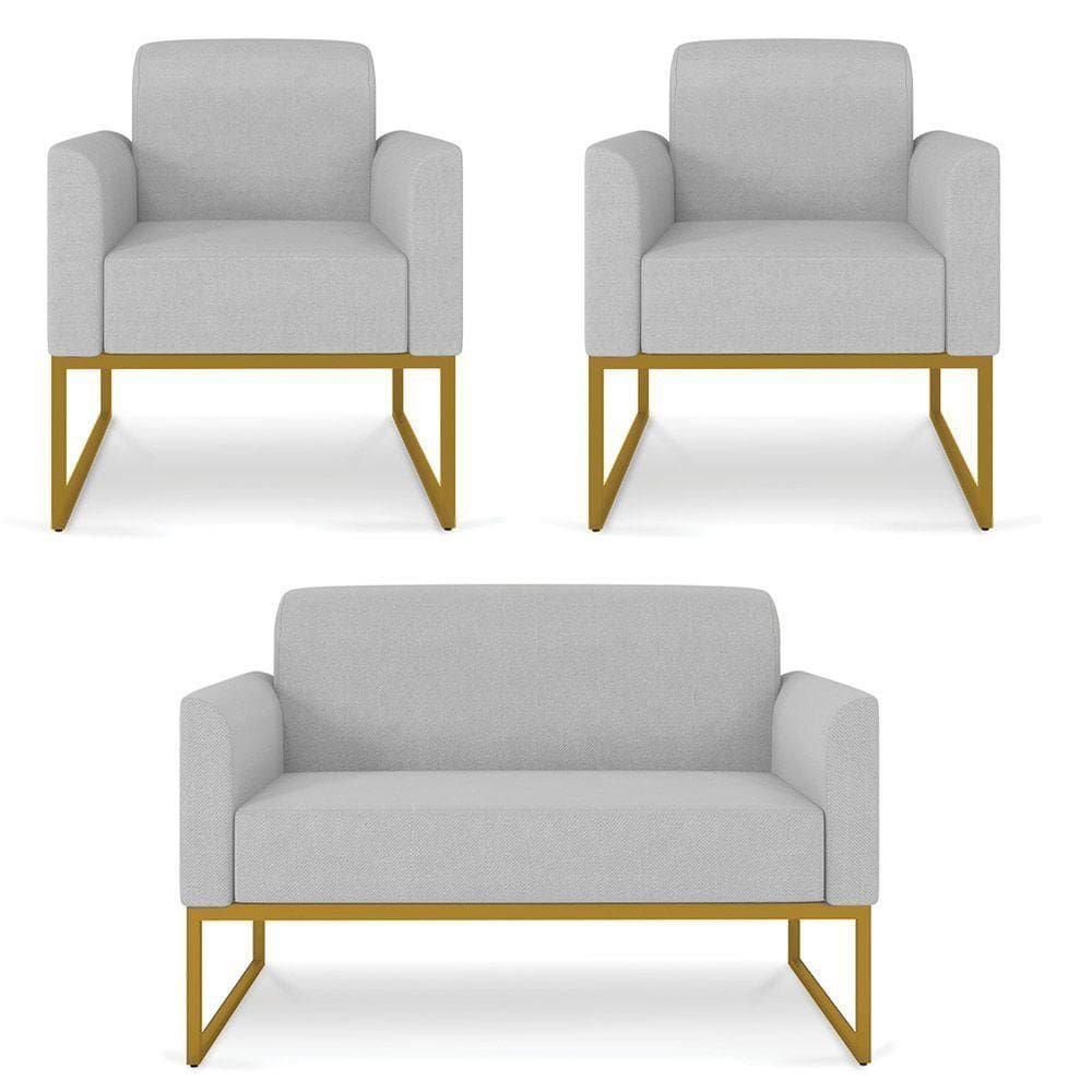 Kit Namoradeira E 2 Poltronas Dourado Linho Cinza Claro