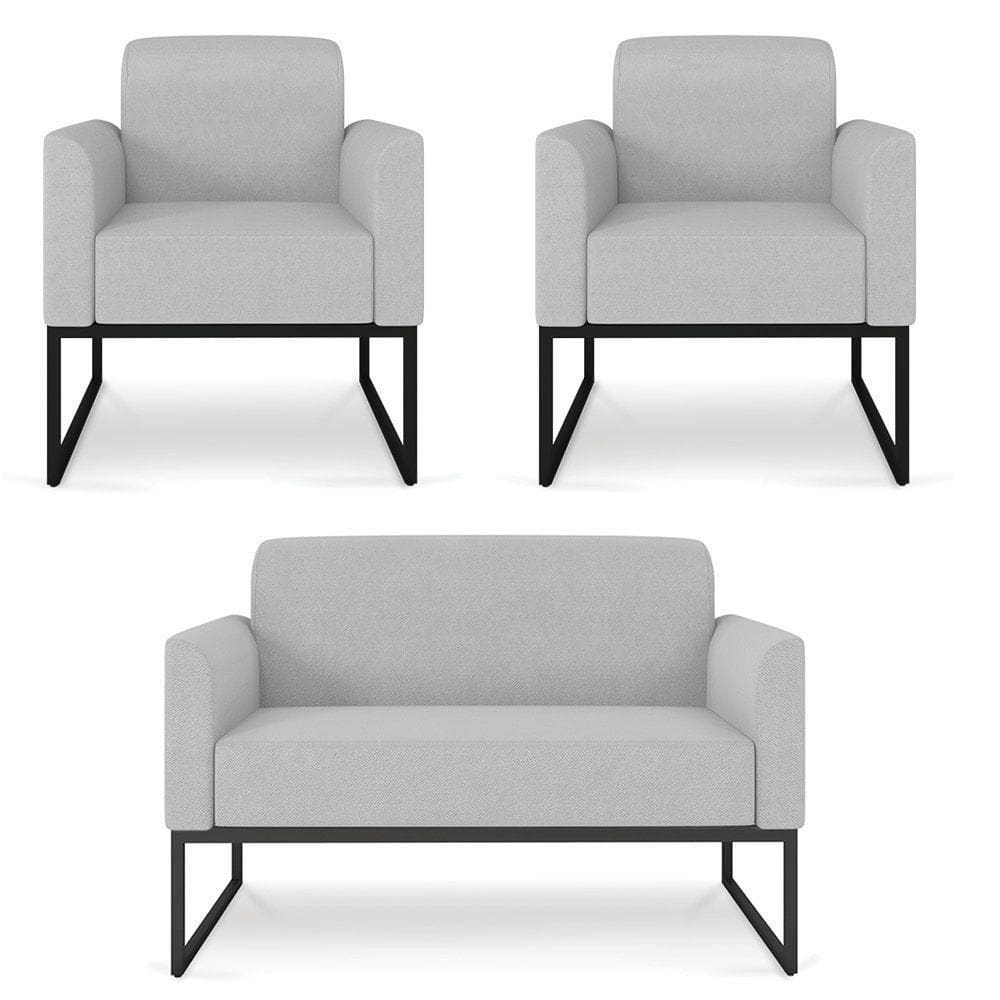 Kit Namoradeira E 2 Poltronas Preta Linho Cinza Claro