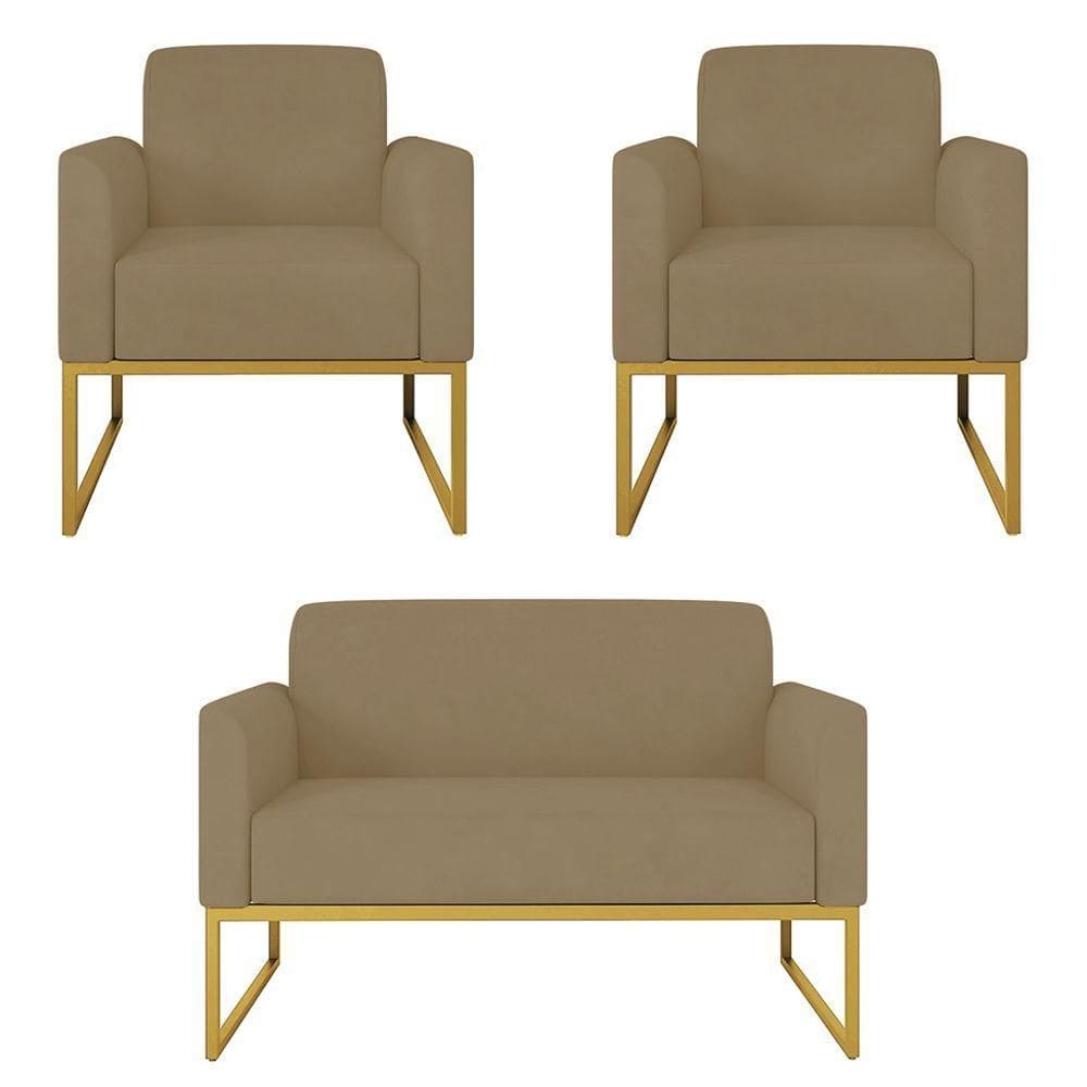 Kit Namoradeira E 2 Poltronas Dourada Suede Marrom Rato