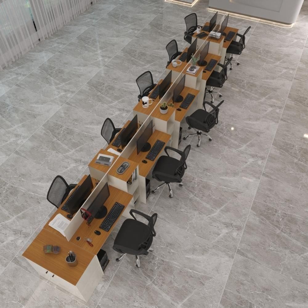 Estação De Trabalho 10 Lugares Office Smart 10 Mesas 8 Armários 1 Aparador Off White E Cedro
