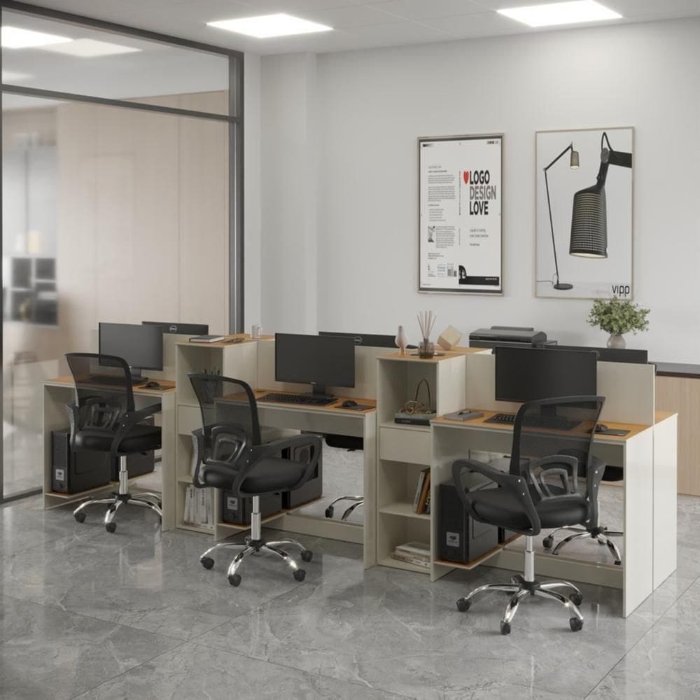 Estação De Trabalho 6 Lugares Office Smart 6 Mesas 4 Armários - Off White E Cedro Off White E Cedro