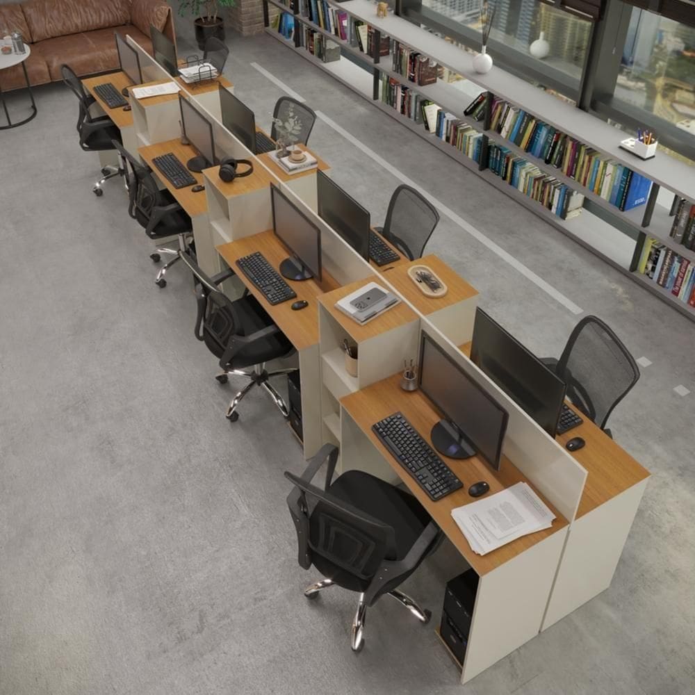 Estação De Trabalho 8 Lugares Smart Office 8 Mesas 6 Armários Livreiro Off White E Cedro