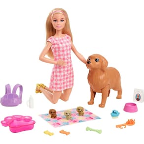 Boneca Barbie e animais de estimação, filhotes recém-nascidos com boneca loira e acessórios