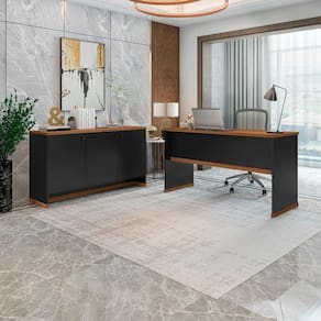 Conjunto Escritório Office Mesa E Buffet Berlin - Vianossa Cor:preto/naturale Preto/naturale