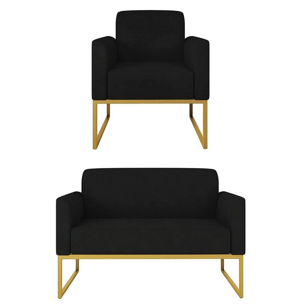 Kit Namoradeira E 1 Poltrona Dourada S07 Suede Preto