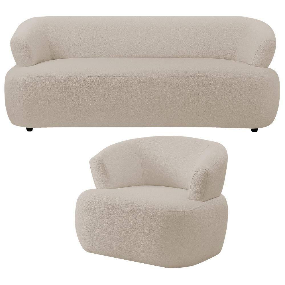 Kit Sofá 3 Lugares Para Sala 198cm Com 01 Poltrona Orgânica Florea M05 Bouclê Creme - Lyam Decor