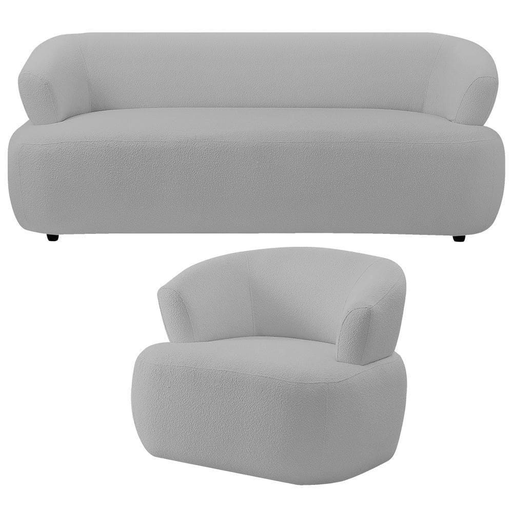 Kit Sofá 3 Lugares Para Sala 198cm Com 01 Poltrona Orgânica Florea M05 Bouclê Cinza - Lyam Decor