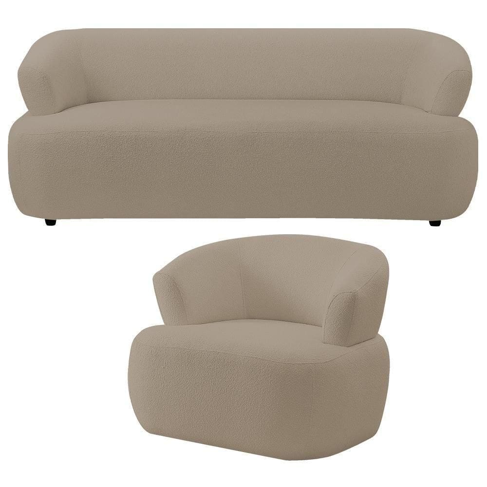 Kit Sofá 3 Lugares Para Sala 198cm Com 01 Poltrona Orgânica Florea M05 Bouclê Bege - Lyam Decor